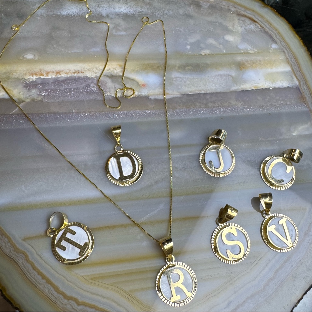 10k Real Gold With Mother Of Pearl Gold Initial Pendant Necklace Set New